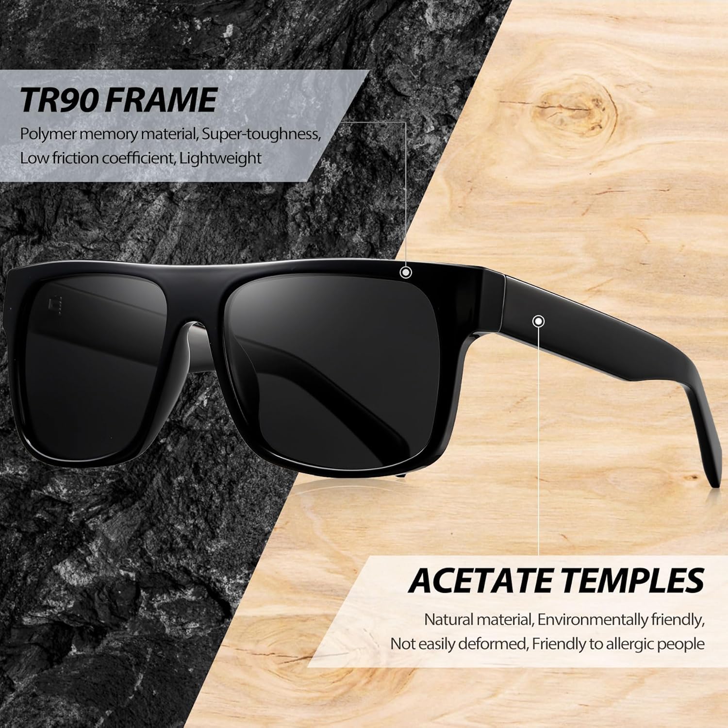 Joopin Acetate Men's Sunglasses Polarized Square Classic Modern UV400 Protection Sports for Driving Cycling Fishing