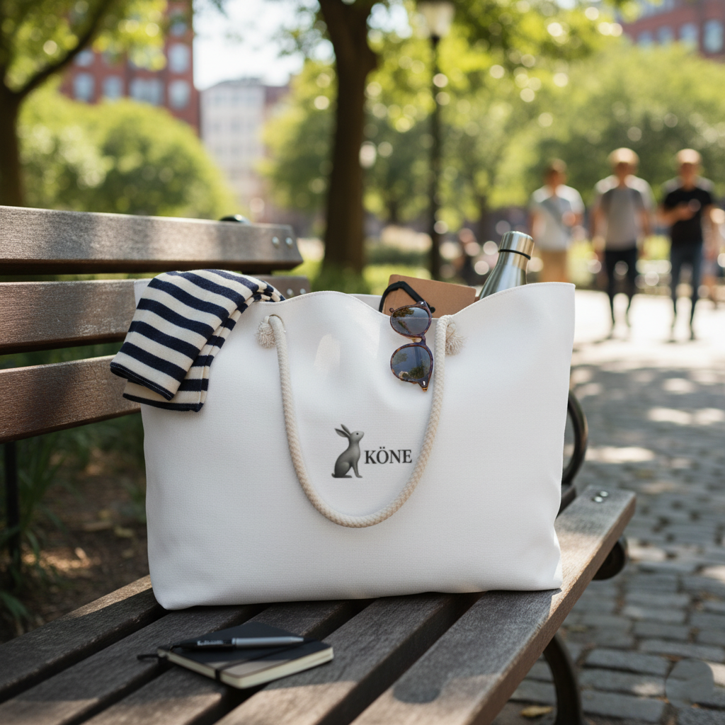 Bolsa KÖNE Weekender blanca con asas de cuerda, apoyada en un banco al aire libre.