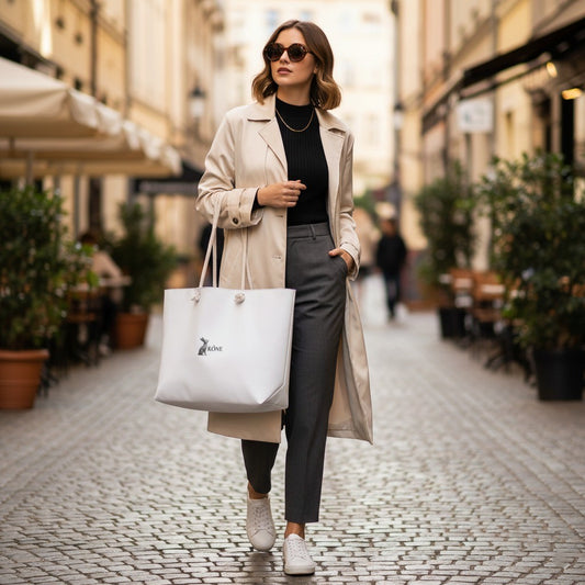 Modelo con bolso KÖNE Weekender blanco caminando por la ciudad.