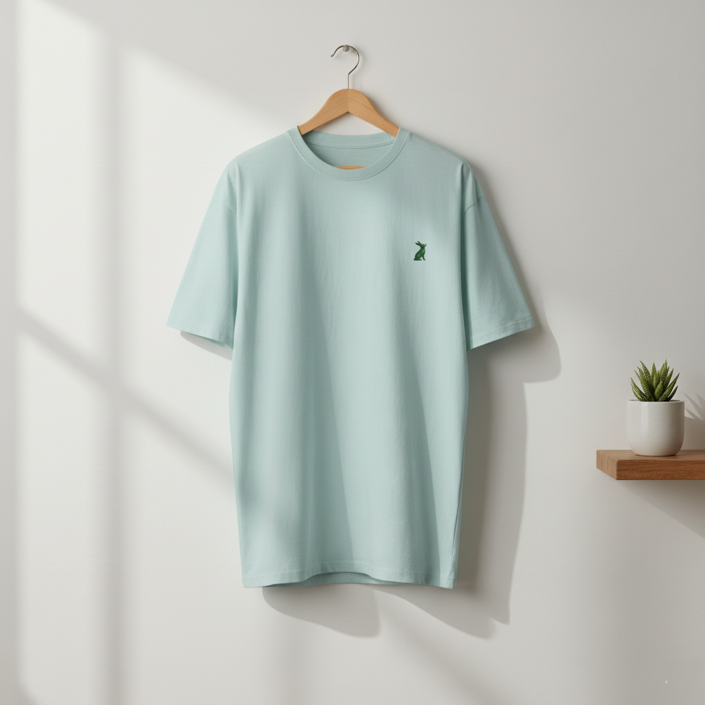Camiseta KÖNE color celeste colgada en una percha, con logo verde bordado y fondo neutro iluminado por luz natural.
