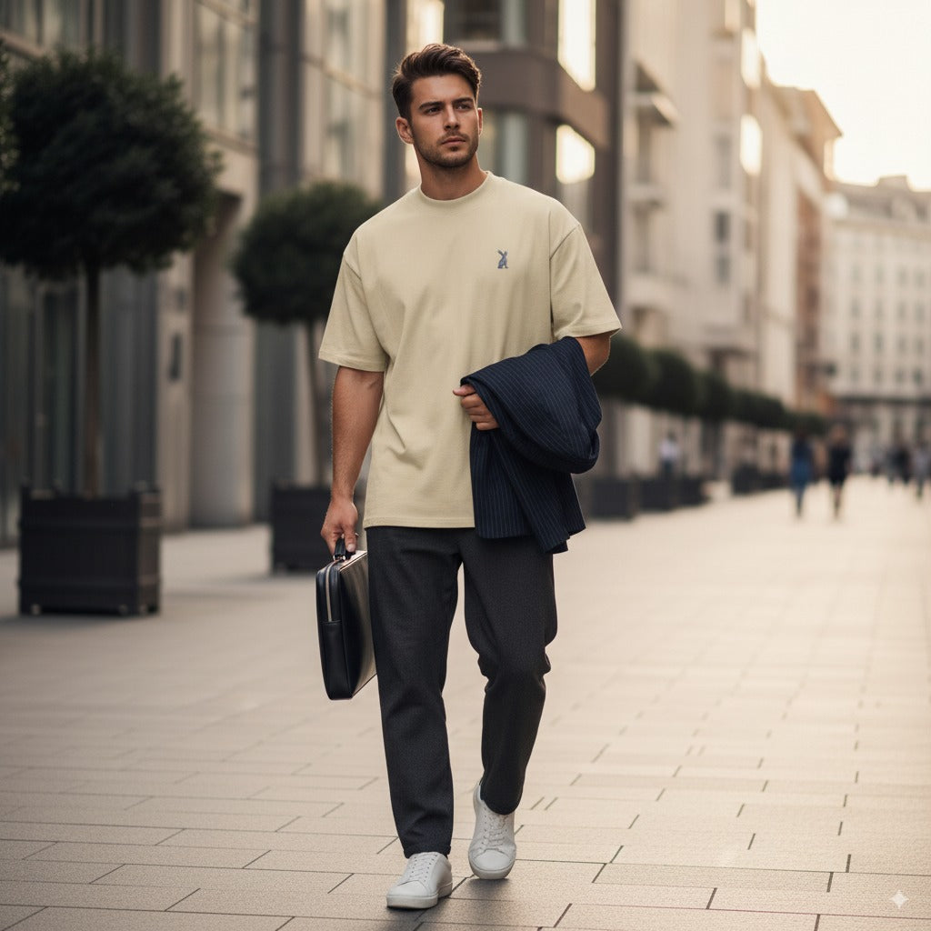 Camiseta oversize beige KÖNE en ambiente urbano minimalista