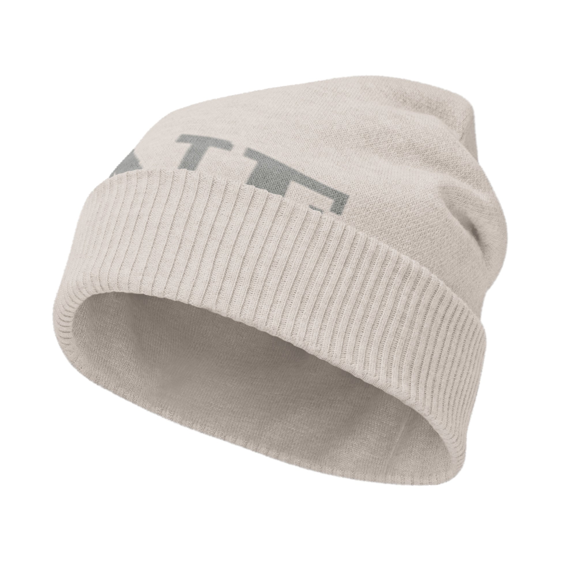 Gorro KÖNE beige claro con logo gris, tejido de punto ligero y ribete elástico.