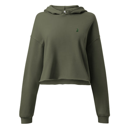 Sudadera KÖNE cropped verde oliva con capucha y logo bordado tono sobre tono, corte moderno y limpio.