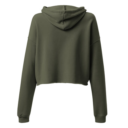 Parte trasera de la sudadera KÖNE cropped verde oliva con capucha y hombros caídos.
