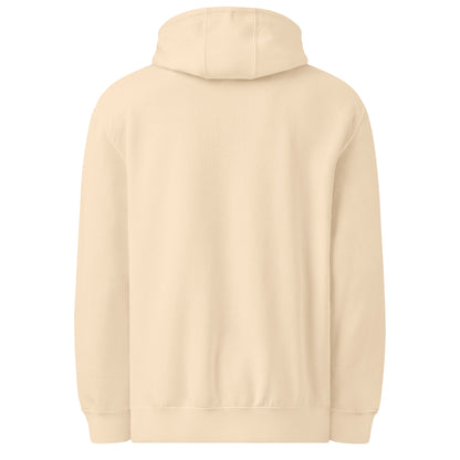 Vista trasera de la sudadera KONE beige con capucha.