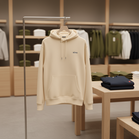Sudadera KÖNE beige con capucha exhibida en interior de tienda minimalista.