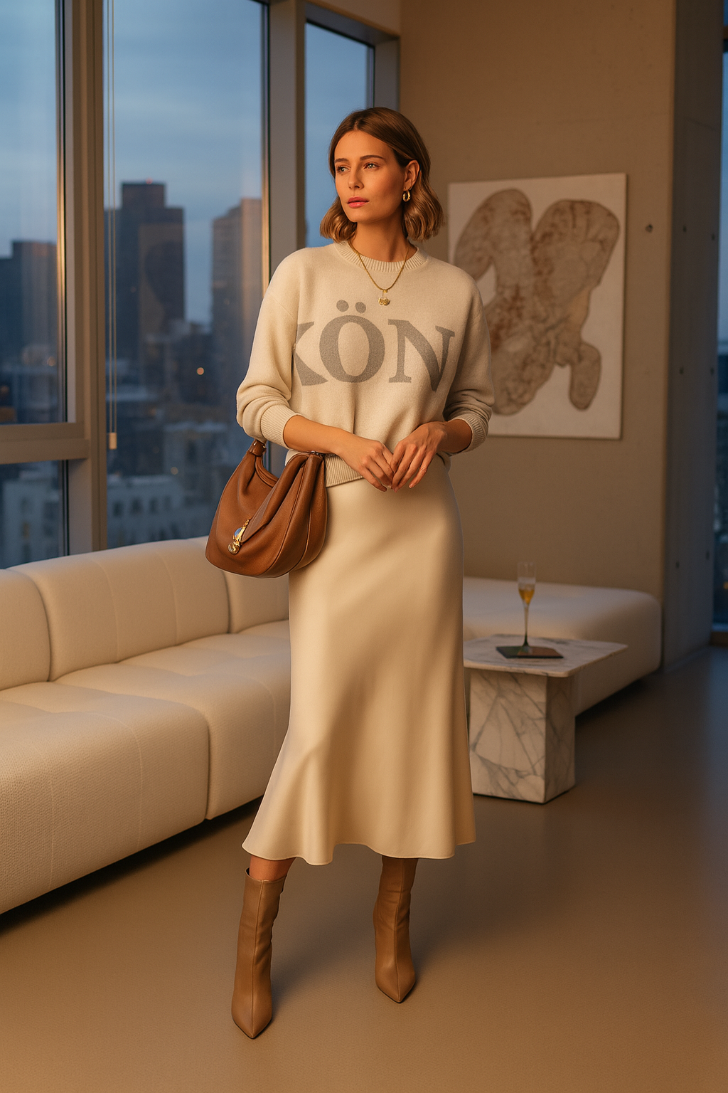 Mujer con suéter KÖNE beige y falda crema, estilo relajado y elegante en entorno interior luminoso.