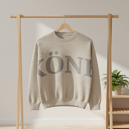 Suéter KÖNE beige colgado en percha, con logo XXL gris al frente, fondo neutro y luz cálida.