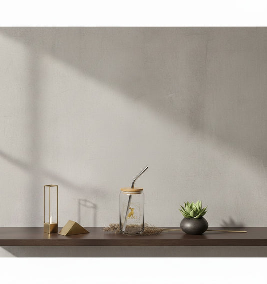 Vaso KÖNE de cristal con tapa y pajita bajo luz natural minimalista