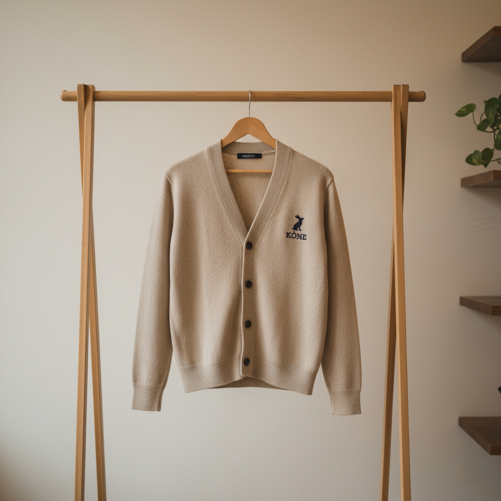 Cárdigan KÖNE beige con botones oscuros y logo azul bordado, colgado en percha de madera.