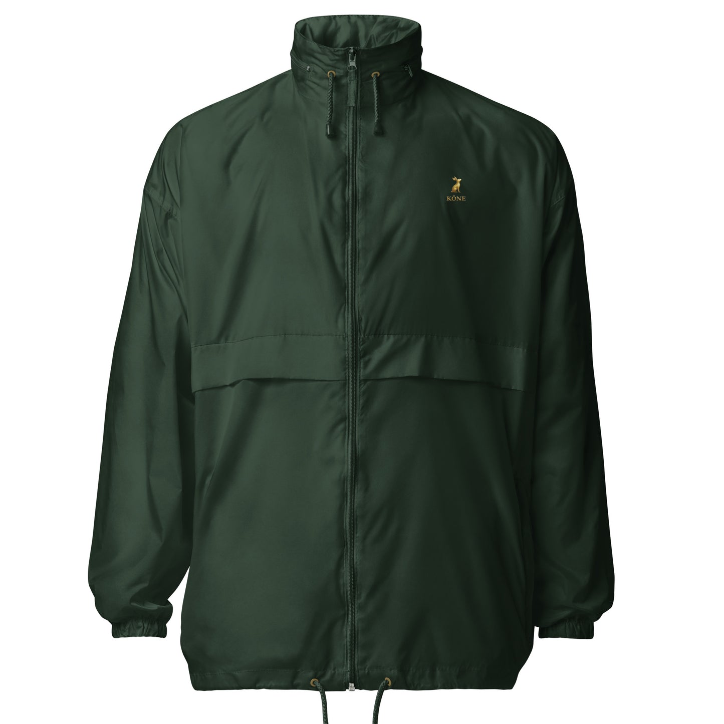 Cortavientos KÖNE verde oscuro unisex con logo dorado, resistente al agua y al viento.