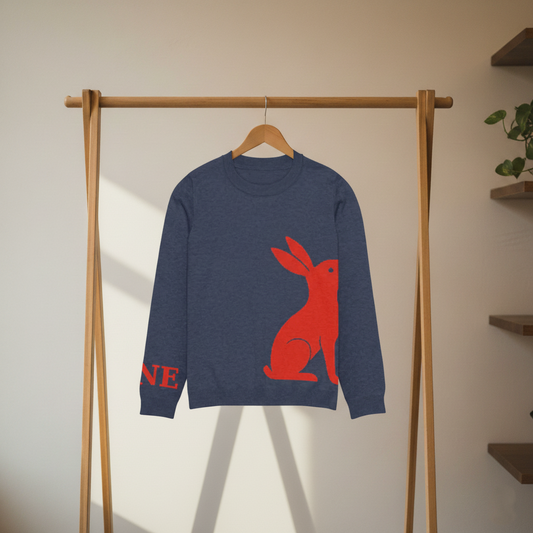 Jersey KÖNE azul marino con logo rojo del conejo, colgado en percha de madera sobre fondo neutro.