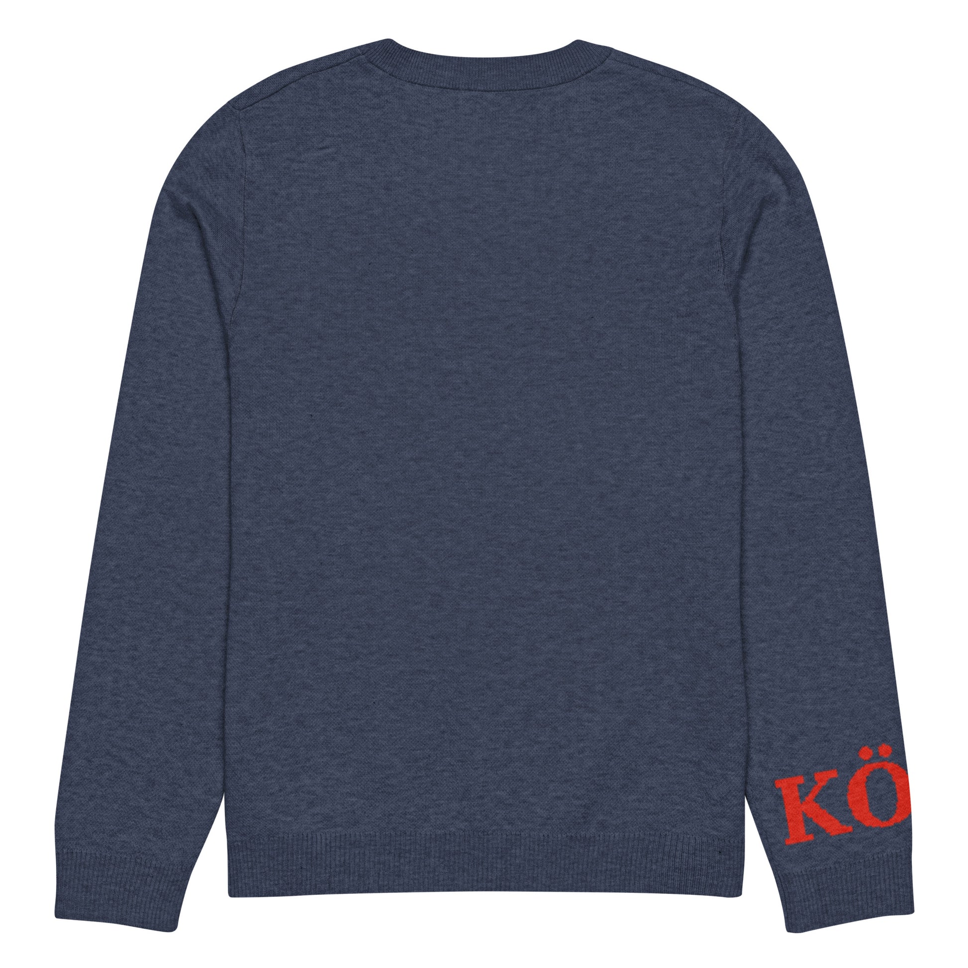 Parte trasera del jersey KÖNE azul marino mostrando textura del tejido de punto.