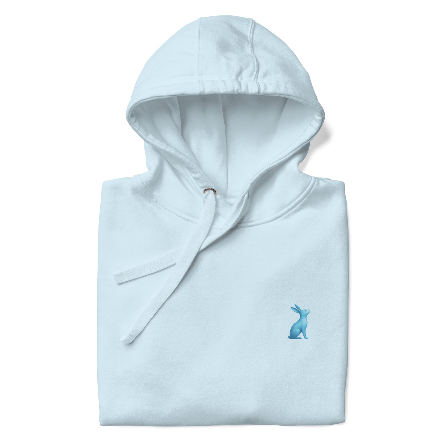 Detalle del logo KÖNE azul bordado y capucha con cordones planos sobre tejido blanco suave.