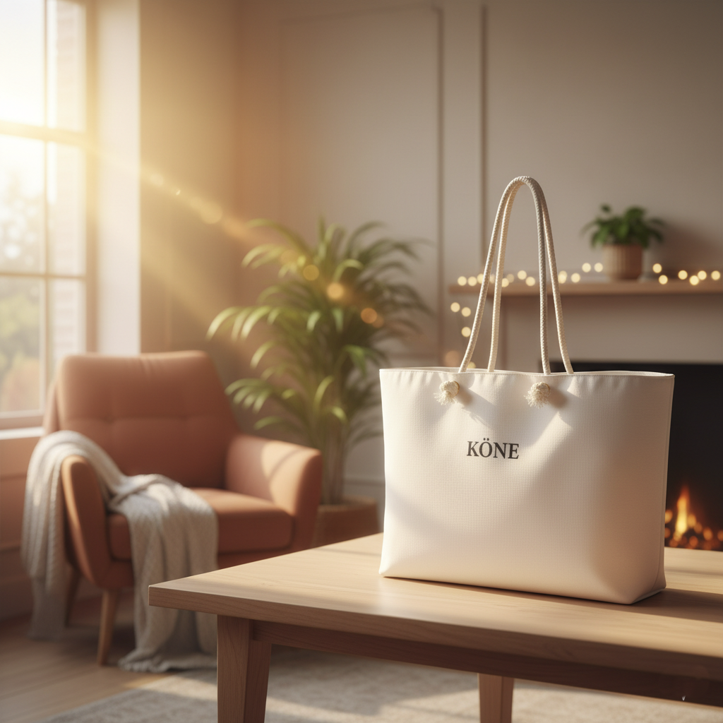 Bolso KÖNE blanco sobre mesa de madera con luz cálida, asas de cuerda beige.