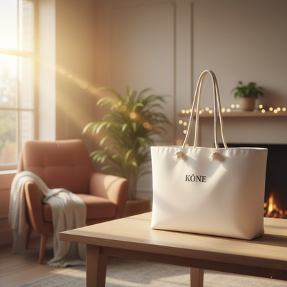 Bolso KÖNE blanco sobre mesa de madera con luz cálida, asas de cuerda beige.