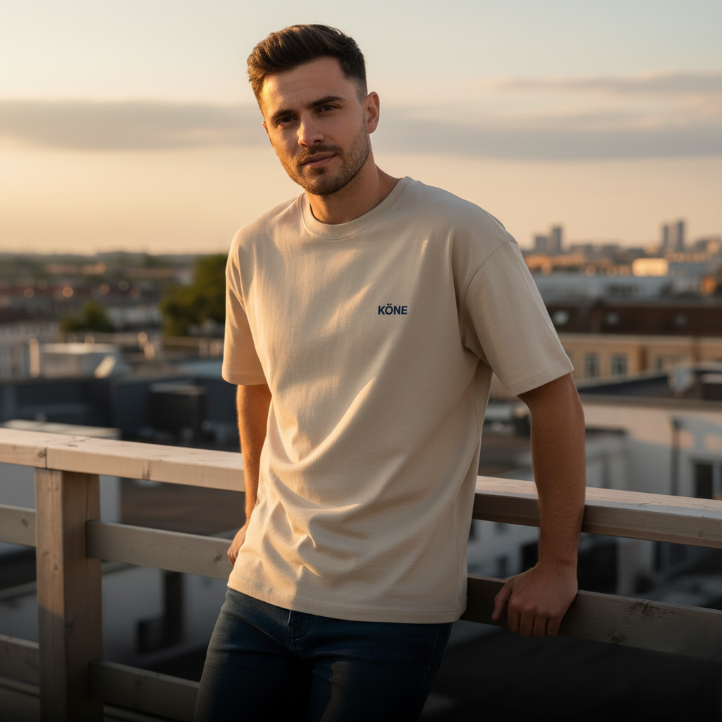 Camiseta oversize KÖNE color arena con logo minimalista bordado
