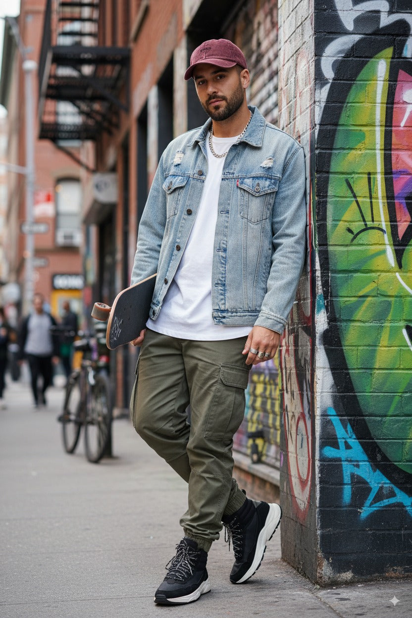 Modelo urbano luciendo la gorra KÖNE vintage granate en calle con grafitis