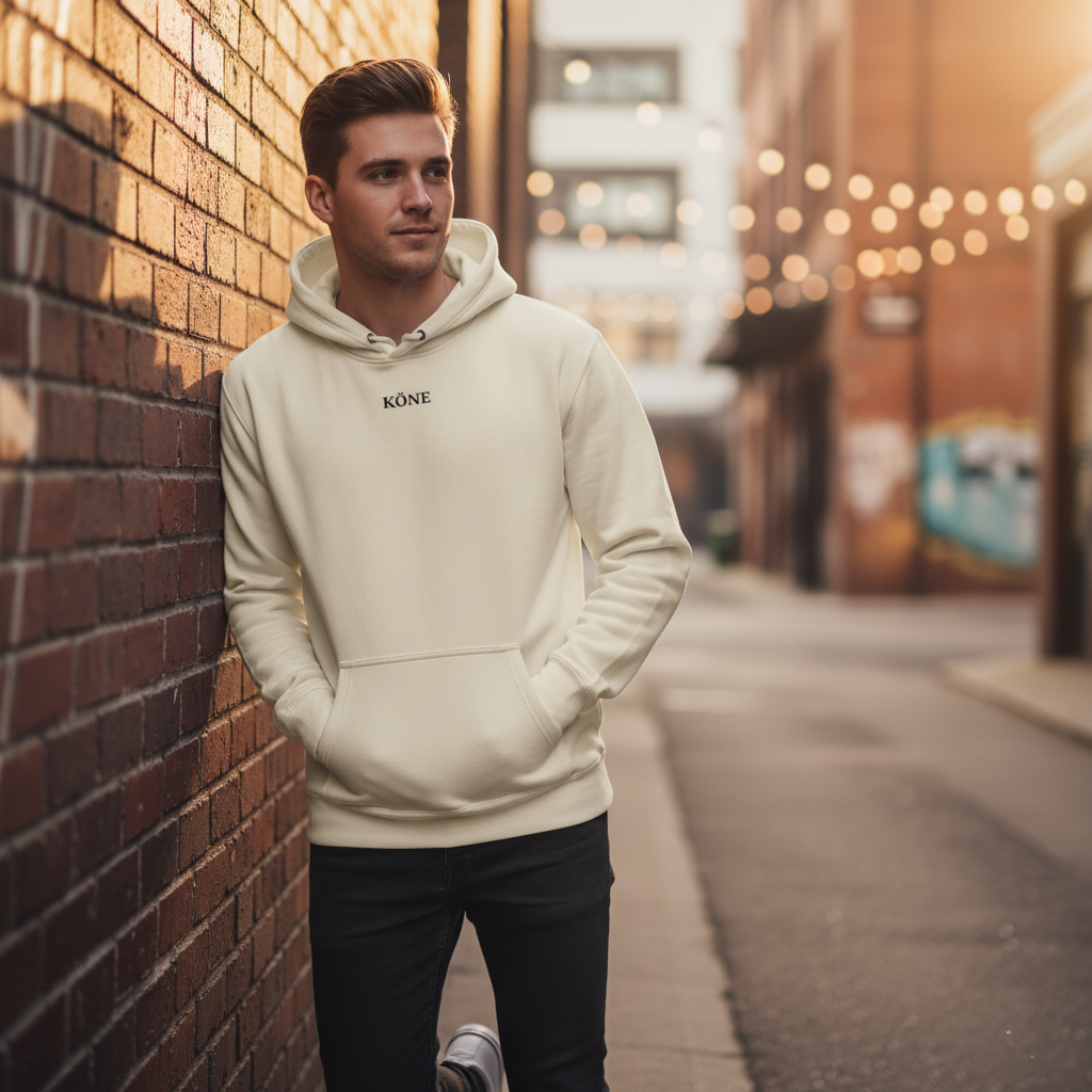 Modelo con sudadera KÖNE color crema paseando en entorno urbano al atardecer