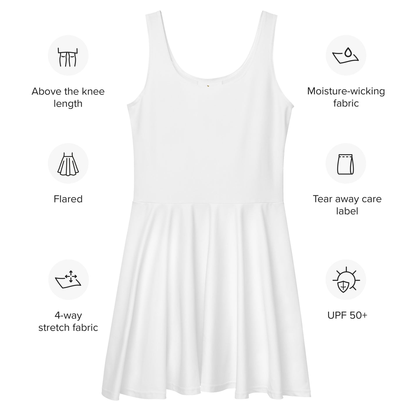 Guía técnica del vestido KÖNE skater con detalles de tejido y medidas