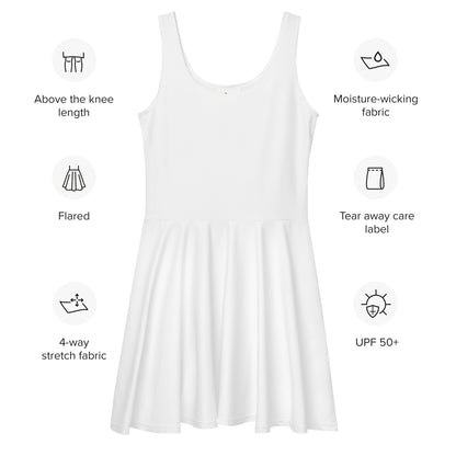 Guía técnica del vestido KÖNE skater con detalles de tejido y medidas