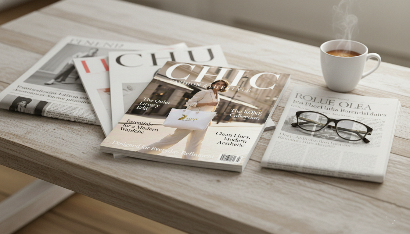 Revista de moda minimalista con portada KÖNE sobre mesa junto a café y gafas