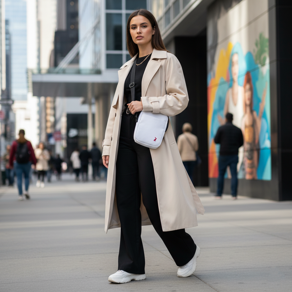 Mujer con bolso KÖNE blanco cruzado – diseño funcional y elegante