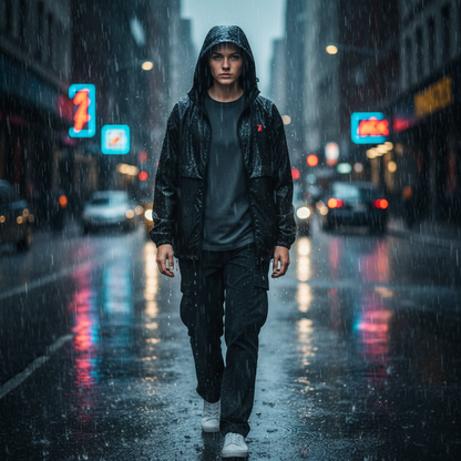 Persona caminando bajo la lluvia con cortavientos KÖNE – diseño resistente al agua