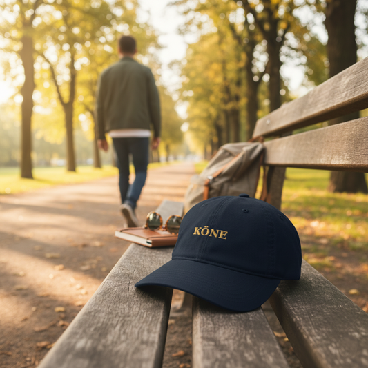 Gorra KÖNE 100% algodón orgánico color azul marino sobre banco de madera al atardecer