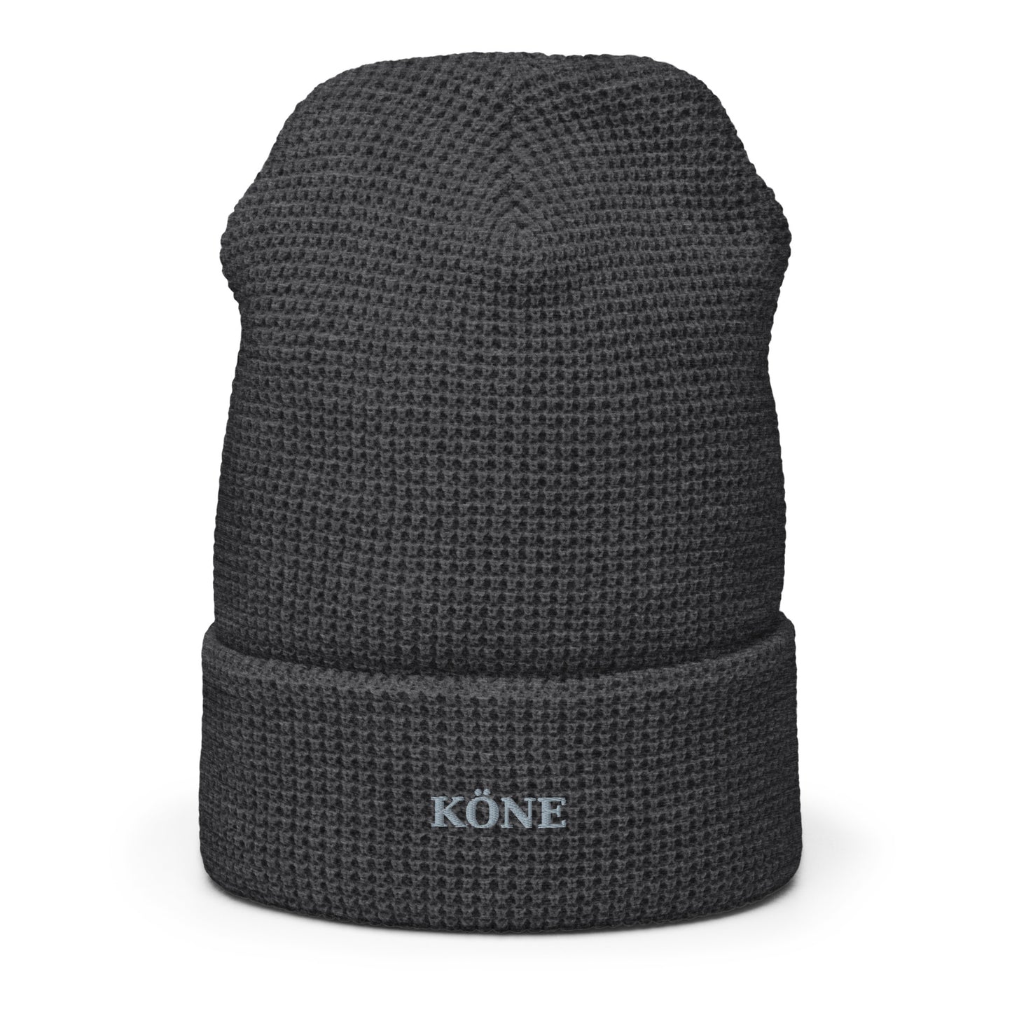 Gorro KÖNE color Heather Charcoal con logo bordado, estilo urbano minimalista.