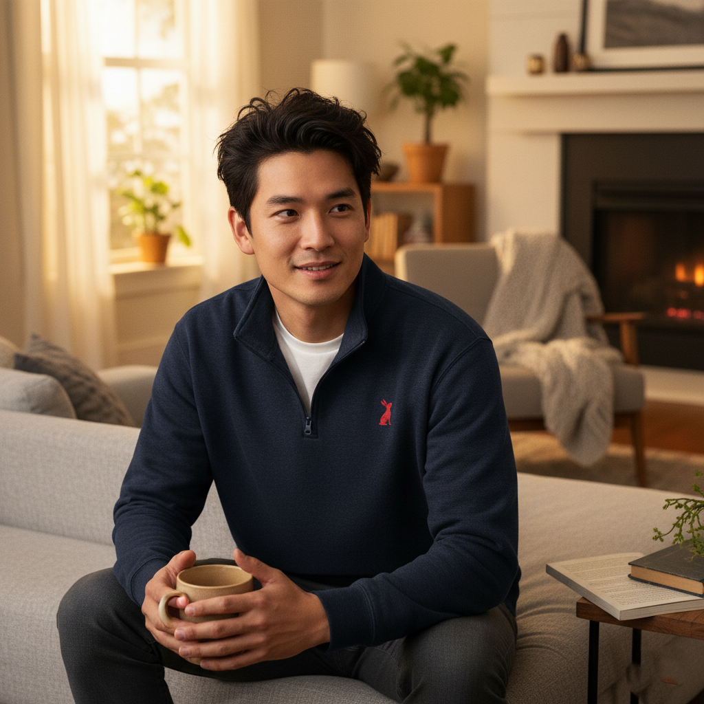 Hombre con suéter azul marino KÖNE con forro polar, sentado en un salón cálido, mostrando un estilo cómodo y elegante.