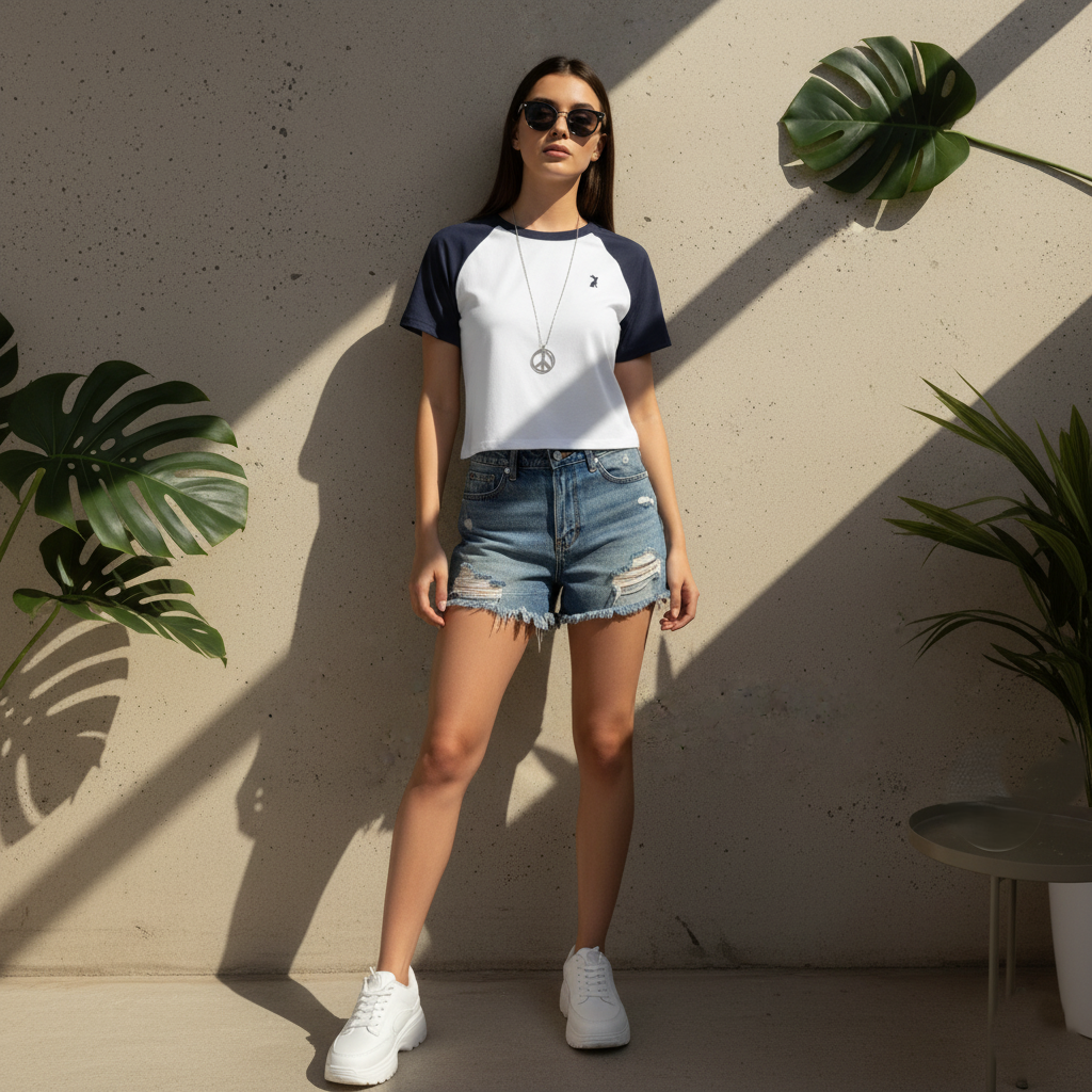 Modelo vistiendo la camiseta raglán KÖNE blanca con mangas negras, estilo casual y urbano.